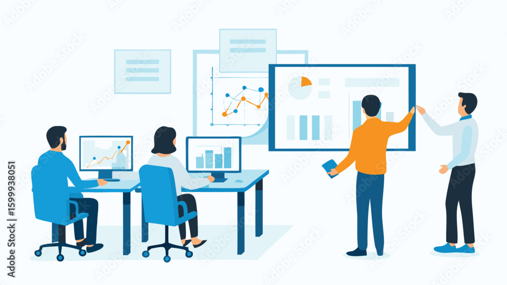 Aufkleber people in office analyzing charts and graphs on computer screens and a presentation board for busine
