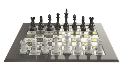 Atmospheric 3D visualization of a chessboard with glossy pieces on a transparent background. Ideal for articles, covers, and advertisements related to intellectual games, strategy, and business.