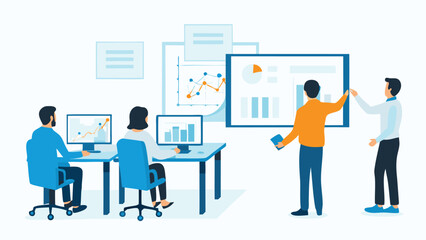 People in office analyzing charts and graphs on computer screens and a presentation board for business review