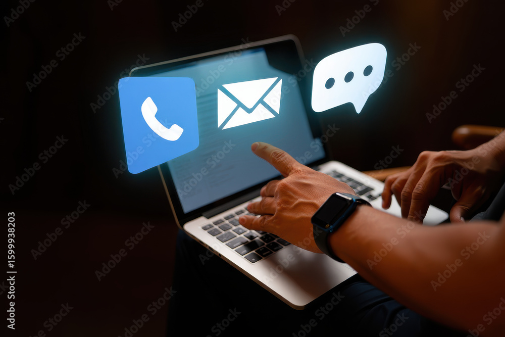 Aufkleber person using laptop with phone email and chat icons floating above the screen in a dark setting