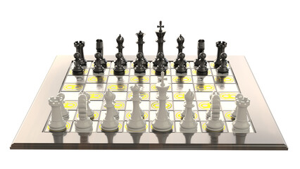 Atmospheric 3D visualization of a chessboard with glossy pieces on a transparent background. Ideal for articles, covers, and advertisements related to intellectual games, strategy, and business.