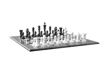 Atmospheric 3D visualization of a chessboard with glossy pieces on a transparent background. Ideal for articles, covers, and advertisements related to intellectual games, strategy, and business.