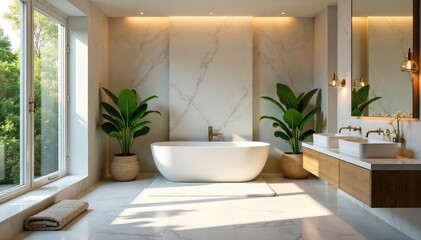 Fototapeta premium Luxurious bathroom with freestanding tub, elegant marble, soft lighting, and lush greenery Perfect for relaxation and spa-like ambiance , clean, contemporary