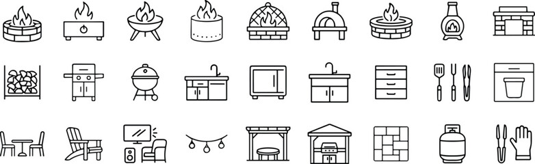 Outdoor kitchen icon set, fire pit and patio elements, barbecue grill tools, backyard design vector, editable stroke icons