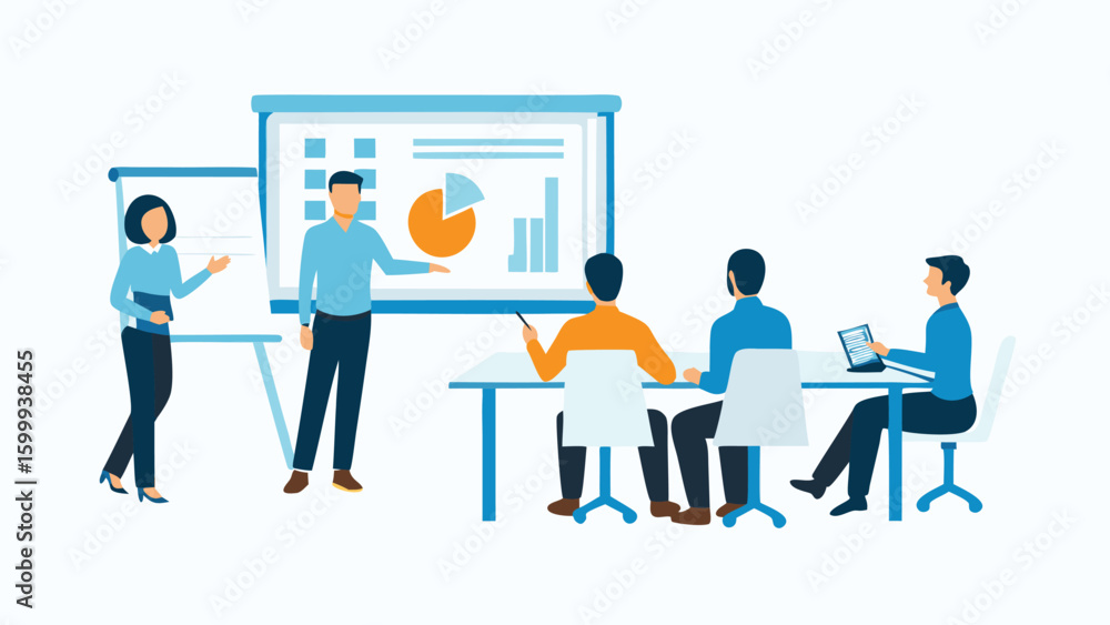 Aufkleber presentation with two presenters and three audience members in a conference room setting shown in ve