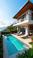 Fototapeta premium Luxurious townhouse holiday villa with private pool and stunning views Perfect for a relaxing getaway Enjoy spacious interiors and outdoor entertainment areas , destination, idyllic