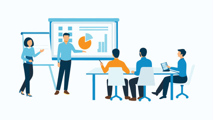 Presentation with two presenters and three audience members in a conference room setting shown in vector art