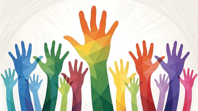 Diverse hands raised in unity isolated on white background