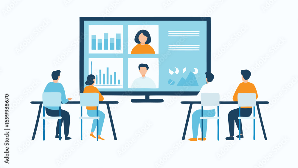 Aufkleber people attending a virtual meeting with charts and graphs on a large screen in a conference room set