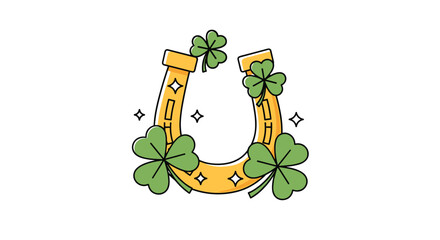 Golden horseshoe adorned with vibrant four leaf clovers bringing good fortune and luck to the wearer and their surroundings
