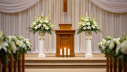 Serene Church Wedding Ceremony Setup: White Lilies, Candles, Wooden Podium
