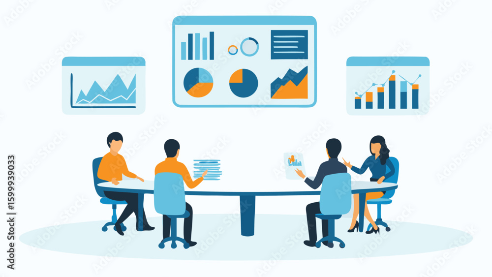 Poster people at a round table discussing data analytics and charts in a business meeting setting shown her