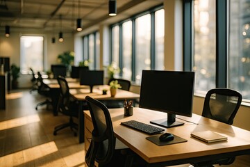 Fototapeta premium Sunlit modern office workspace with rows of desks, computers, and ergonomic chairs. Light wood desks and floors; large windows offer natural light. Minimalist aesthetic