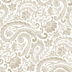 Paisley floral pattern, abstraction, swirl flowers, white and beige colors. Seamless floral pattern-800.