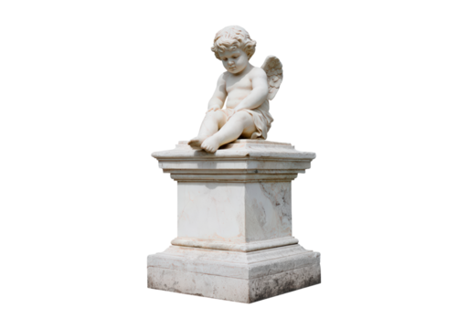 Cherub angelic statue on marble pedestal on transparent background, PNG