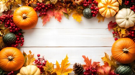 Colorful seasonal decoration featuring pumpkins, autumn leaves, pine cones, and vibrant berries on a rustic wooden background,