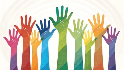 Colorful raised hands showing unity and diversity isolated on white background