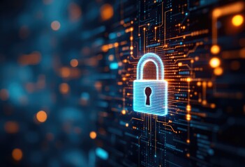 Glowing padlock icon digitally overlaid on a complex circuit board, representing cybersecurity and data protection within a dark, tech-focused background with bokeh lighting effects