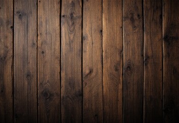 Naklejka premium Dark brown wood planks arranged vertically, showing grain and texture with subtle shadows creating depth