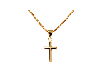 Elegant gold cross pendant on chain necklace on transparent background, PNG