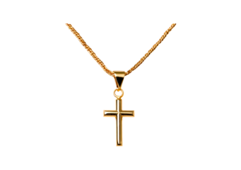 Elegant gold cross pendant on chain necklace on transparent background, PNG