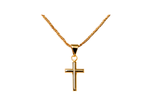 Elegant gold cross pendant on chain necklace on transparent background, PNG
