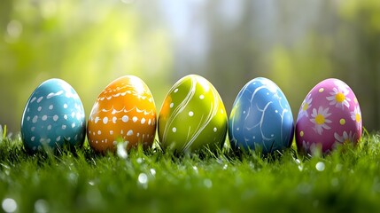 Decoration of vibrantly colored Easter eggs with intricate patterns arranged on lush green grass under sunlight.