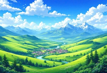 Obraz premium A picturesque valley town nestled amongst rolling green hills and a majestic snow-capped mountain range under a vibrant blue sky with fluffy white clouds. A river meanders through the landscape