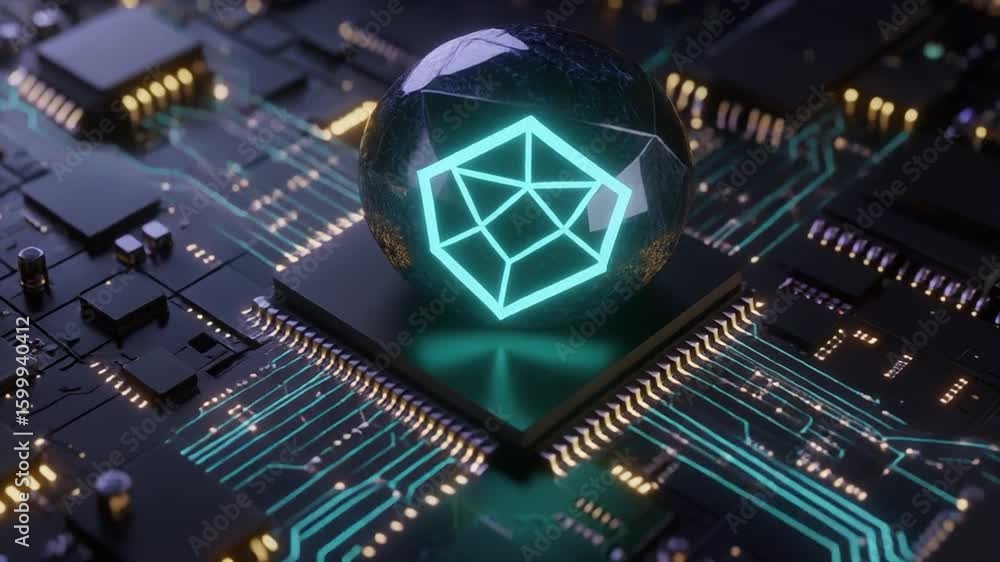 Poster futuristic circuit board featuring glowing emblem and obsidian sphere highlighting digital security,