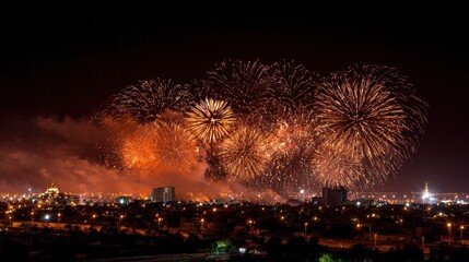 Fireworks display over city at night