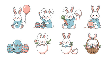 Adorable easter bunnies collection celebrating spring holidays with festive eggs and carrots delightful illustrations for seasonal decorations and greeting cards