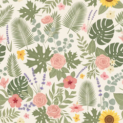 Floral Pattern with Tropical Leaves and Various Flower Blossoms