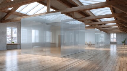 Open-concept loft with translucent partitions and high-gloss epoxy floors, light spill from skylights creating layered reflections and soft background