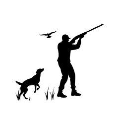 Silhouette of Hunter Aiming with Dog and Bird Flying Vector Art