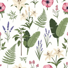 Floral Pattern with Lilies Anemones Ferns and Lavender