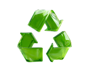 Green 3D Recycling Symbol with Smooth Plastic Finish, Front View, Isolated on Transparent Background PNG