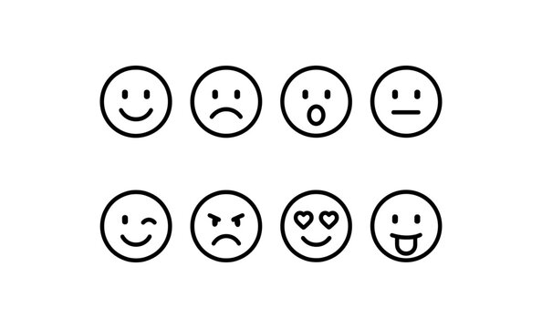 Naklejki Simple line art emoji faces: happy, sad, surprised, neutral and more