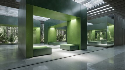 Opulent grav-shift gallery in forest green and raw silver with floating display cubes ambient architectural glow and sharp shadow