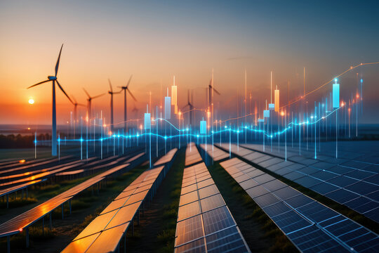 Wind turbines and solar panels with a financial graph overlay at sunset showing clean energy growth