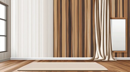 Interior room with wooden wall and beige curtains