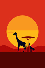 Fototapeta premium Savannah Giraffes Under Yellow Orange Sun