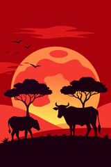Cows Grazing in Savanna at Sunset