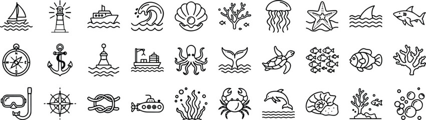Ocean and marine icon set &ndash; sea animals, coral reef, diving, sailing, underwater creatures, nautical navigation, and aquatic wildlife