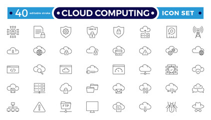 Cloud computing outline icon set. cloud services, server, cyber security, statistics, analytics, server, monitoring, computing, network, digital transformation. Editable stroke outline icon. 
