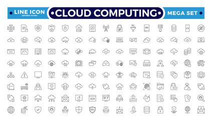 Cloud computing outline icon set. cloud services, server, cyber security, statistics, analytics, server, monitoring, computing, network, digital transformation. Editable stroke outline icon. 
