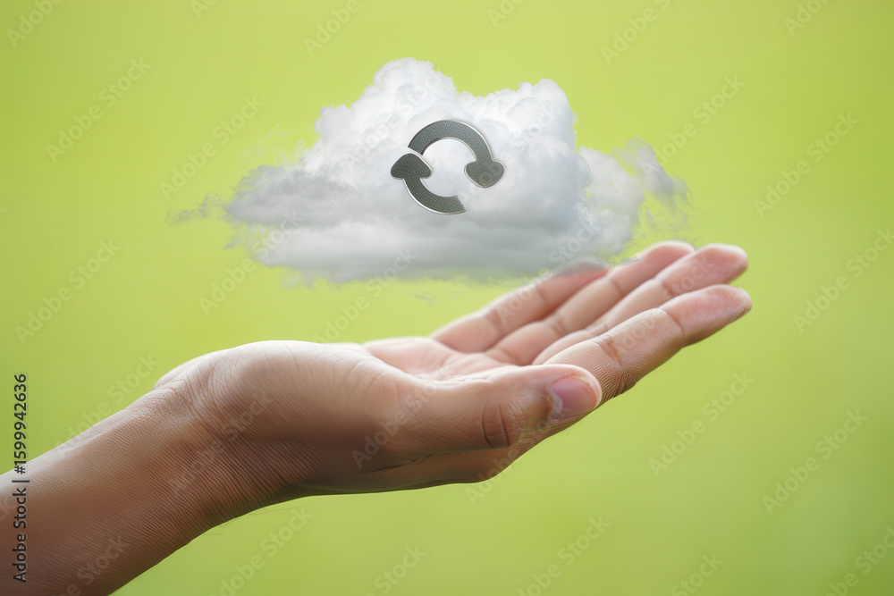 Poster a hand holding a cloud with a refresh symbol against a green background in a conceptual image