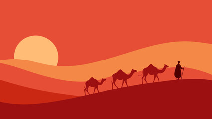 Camel Caravan Crossing Desert Dunes at Red Sunset