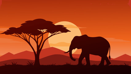 Obraz premium Elephant Walking on Savanna at Sunset
