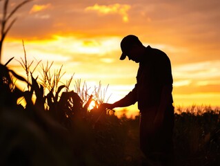 Silhouette of a farmer man in a cornfield.
