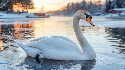 Fototapeta premium Majestic Swan at Sunset on a Frozen Lake in Winter